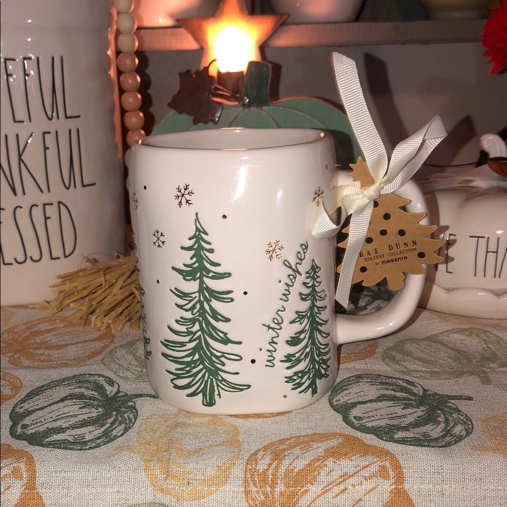 Rae Dunn WINTER WISHES Mug Green Etched Trees/Gold Watercolor Snowflakes